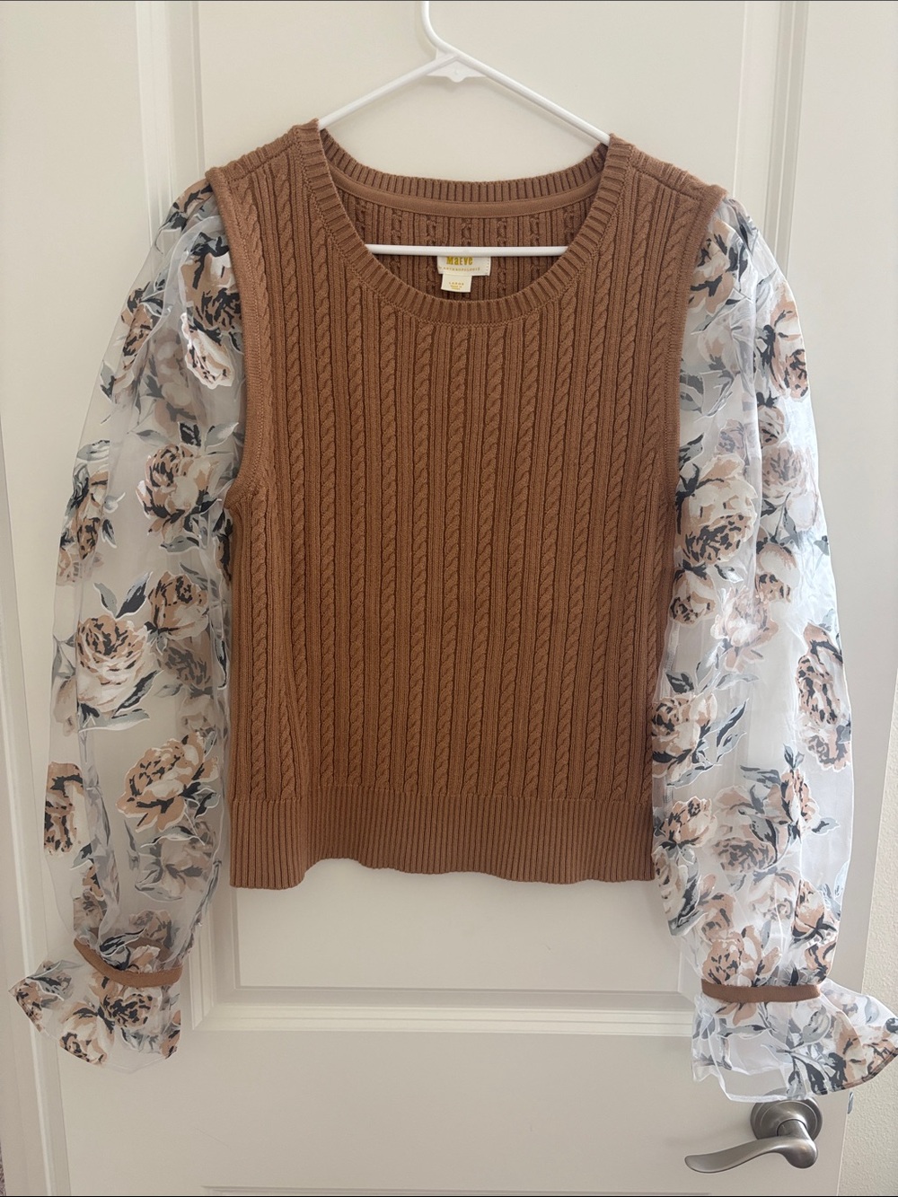 Maeve Brown Cable Knit Sweater with Floral Sheer Sleeves